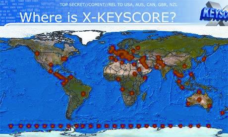 衛報》公佈的演示文檔，圖中紅點代表XKeyscore項目伺服器分佈。