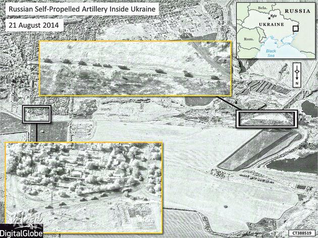 北約昨公布衛星圖像供應商DigitalGlobe提供的照片，指控攜有自走炮的俄羅斯車隊（黃框）在8月21日進入烏克蘭境內。