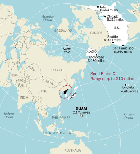 據《華盛頓郵報》4月11日報導，朝鮮已具備了發射核彈頭的能力，但是可靠性不高。圖片是外界對朝鮮各型彈道導彈的射程進行的推斷。